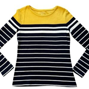 The Talbots Tee Navy Blue Yellow And White Striped 3/4 Sleeve Shirt Wom…
